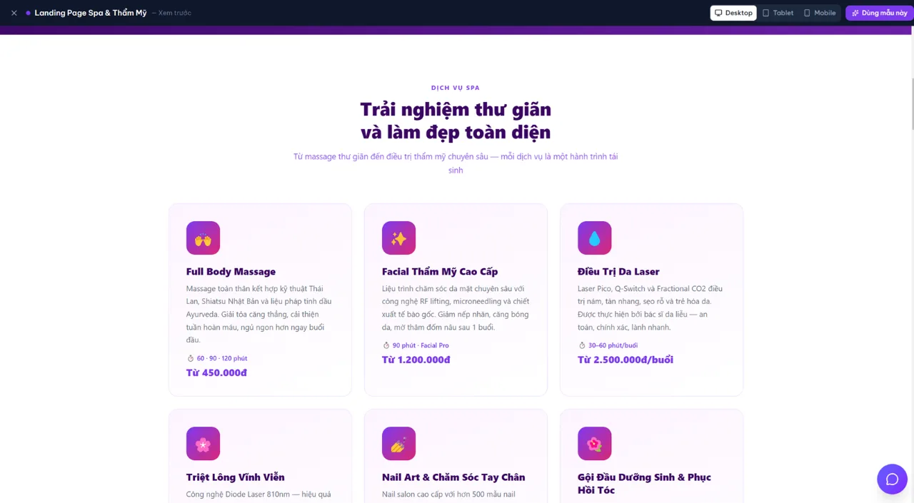 Mẫu landing page spa, thẩm mỹ viện thu hút khách đặt lịch