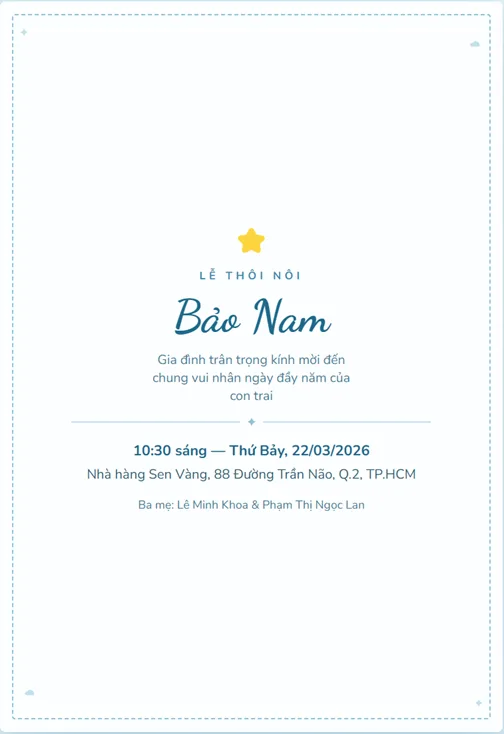 Thiệp Mời Lễ Thôi Nôi Bé Trai
